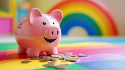 Cute Pink Piggy Bank on Colorful Table