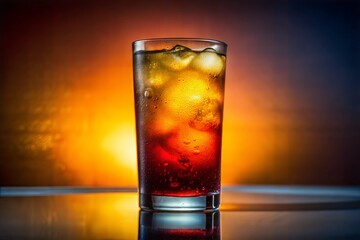 Drink with ice cubes against blurred sunset background
