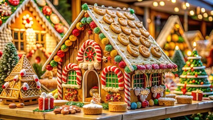 A whimsical gingerbread village with candy cane accents and sugared cookies adorning the roof, creating a festive and delightful winter wonderland.