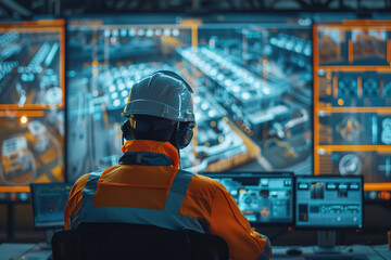 Drone autonomously mapping large factory complex, technician supervising from control room, focus on AI integration