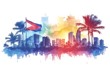 Obraz premium Philippines national flag wavering in beautiful clouds with building skyline. 