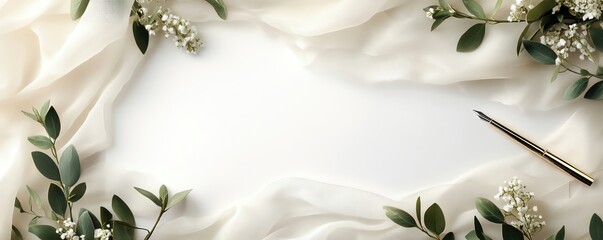 Elegant floral arrangement with white fabric and a pen, perfect for wedding invitations or romantic stationery.