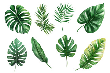 Variety of tropical leaves in different shapes and sizes, isolated on white background.