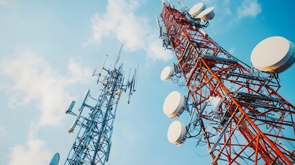 Antenna tower of telecommunication featuring TV and wireless internet antennas along with a phone base station