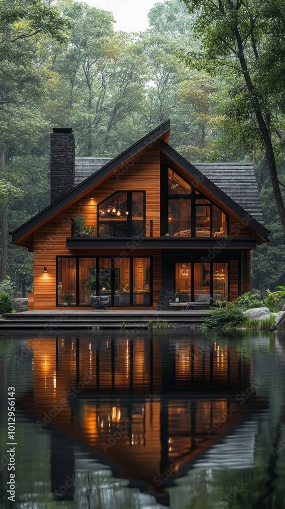 Poster A large house with a pool and a forest in the background