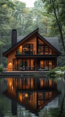 A large house with a pool and a forest in the background