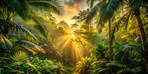 Fototapeta premium Golden rays of sunlight pierce through the dense canopy of a lush tropical jungle, illuminating the vibrant emerald foliage and creating an ethereal glow.