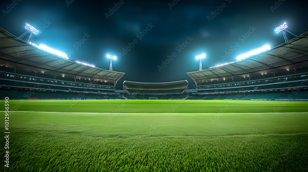 Wall mural An empty stadium showcasing a well-maintained, lush green playing field under bright lights, ready for a night game