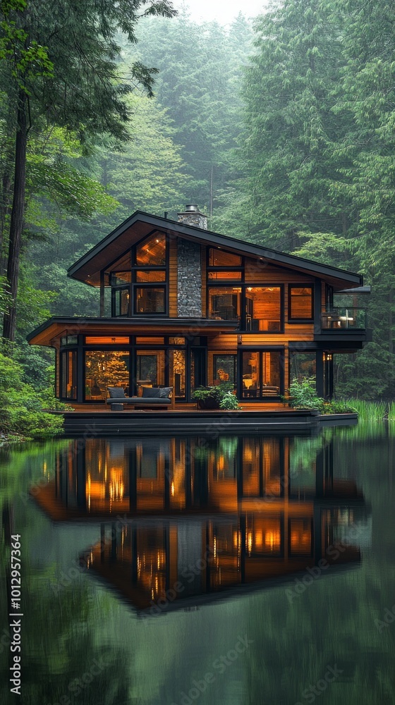 Poster A large house with a pool and a forest in the background