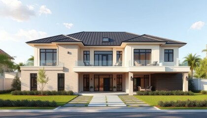 Modern Luxury Mansion with Glass Facade and Spacious Balcony in Sunny Suburb, AI Generation