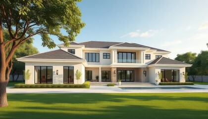 Fototapeta premium Modern Luxury Mansion with Glass Facade and Spacious Balcony in Sunny Suburb, AI Generation