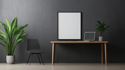 Modern workspace with plants, a chair, and a blank frame on a dark wall.
