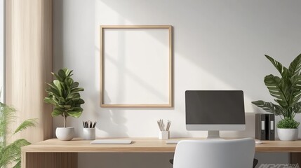 Fototapeta premium Modern workspace with plants, a blank picture frame, and a computer on a wooden desk.