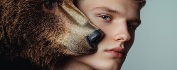 A young mans face fused with a bears, the split showing the contrast between human sensitivity and the bears raw power.
