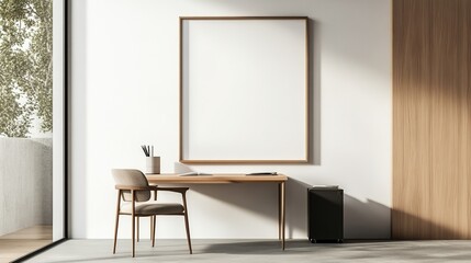 Modern workspace with wooden desk, chair, and blank picture frame on white wall.