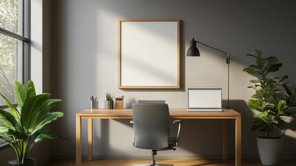 Modern workspace with wooden desk, computer, and plants in natural light.