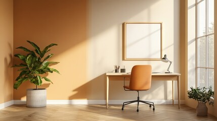 Stylish home office with warm tones and natural light streaming through the windows.