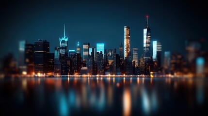 Fototapeta premium Stunning city skyline at night with reflections on water.