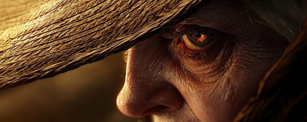 An eerie portrait of an old witch with a fierce gaze, her ancient, frayed hat perched atop her head, against a soft orange-to-black gradient background.