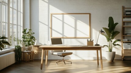 Modern workspace with desk, laptop, and plants, softly lit by natural light.