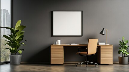 Modern workspace with desk, chair, and plants against a dark wall.
