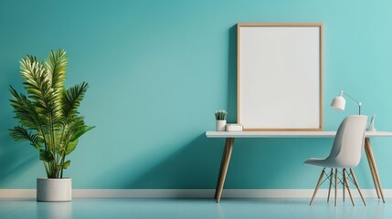Modern workspace with green plant, wooden desk, and turquoise wall, inviting atmosphere.