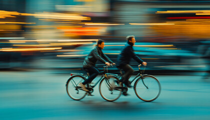 Photograph people walking or biking in a busy city, using a slow shutter speed to create motion blur while keeping the subject sharp