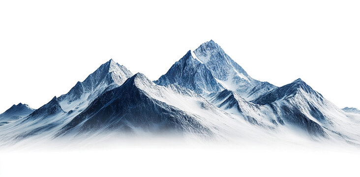 Snow-covered mountain peaks, isolated on transparent cutout background