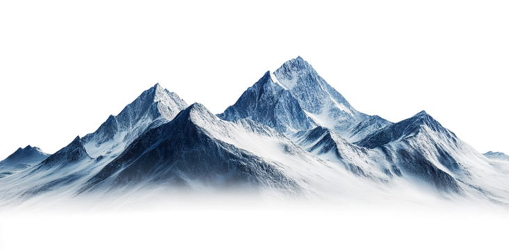 Snow-covered mountain peaks, isolated on transparent cutout background