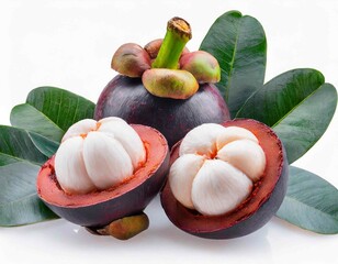 mangosteen with leaves isolated on white background
