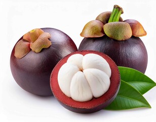 mangosteen with leaves isolated on white background