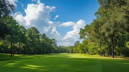 Fototapeta premium A beautiful landscape of a golf course with green grass and woods, showcasing nature's beauty.