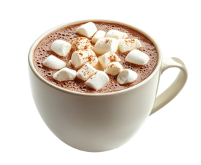 Delicious hot chocolate drink topped with marshmallows, isolated on transparent cutout background