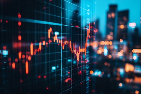 Overlay of candlestick graph with indicators against a city backdrop and stock market exchange screen - Powered by Adobe
