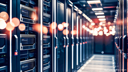 データセンターで管理されるサーバーラックが強調された最新インフラのクローズアップ。生成AI