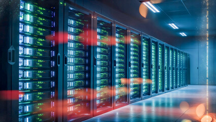 データセンターで整然と管理されたサーバーラックが象徴する安定したネットワーク。生成AI