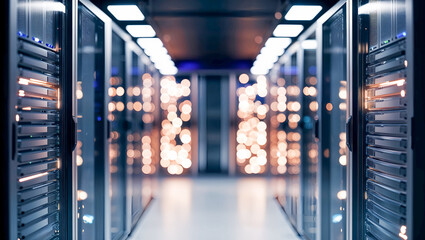 サーバールーム内のサーバーラックが整然と管理されている様子を捉えた画像。生成AI