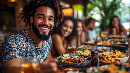 A long table set with fine dishes and a happy family passing food, enjoying quality time together in a bright dining room