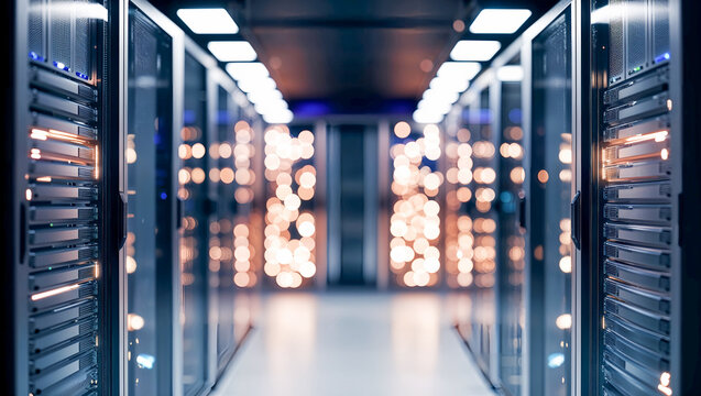 サーバールーム内のサーバーラックが整然と管理されている様子を捉えた画像。生成AI