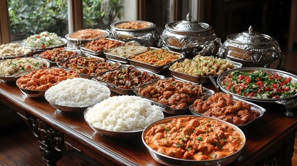 A gathering of family members around a long dining table, beautifully set with a spread of traditional dishes