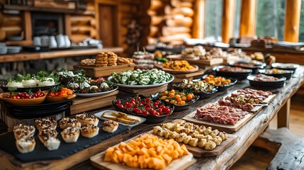 A family gathering in a rustic dining room, sharing a holiday meal with platters of food being passed and cheerful conversation