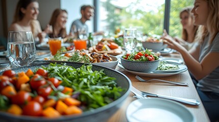 A big family gathered around a table, sharing food and celebrating together at a beautifully decorated dinner party