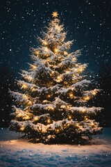 Christmas Tree in Snow at Night