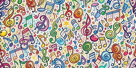A vibrant symphony of colorful music notes, swirling with joy and rhythm, creating a whimsical musical tapestry.