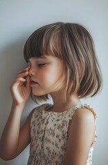 Fototapeta premium Innocence and Sadness in Childhood Emotion Pensive Girl Holding Nose Crying against White Background