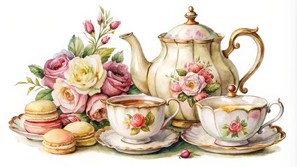 A delicate porcelain teapot and teacups adorned with floral patterns, resting amongst a bouquet of blooming roses and dainty macarons, a delightful composition for a leisurely afternoon tea