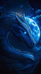 A dragon curled around the moon its scales reflecting the light of distant stars guardian of the night.