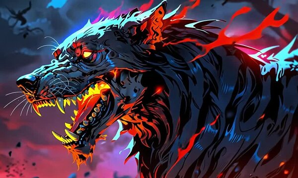 Digital illustration of mythical wolf-like creature with skeletal structure, metallic patterns, fiery fur, intense eyes, and menacing teeth.