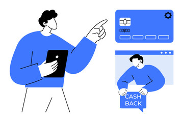 A man holding a tablet points to a digital interface displaying a credit card and another image showcasing a cashback offer. Ideal for online shopping, digital payments, financial apps, cashback