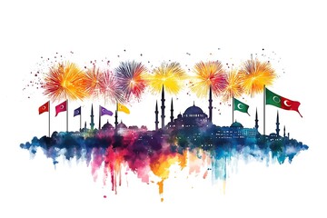Fototapeta premium illustration of fireworks and cityscape